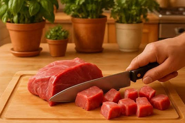 خرد کردن گوشت گوساله با چاقو برای کباب چنجه