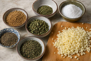 آماده کردن سیر، سبزیجات و ادویه‌های ترشی زیتون