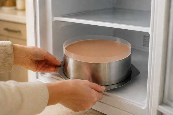 گذاشتن قالب چیز کیک کاراملی کاتلا در فریزر