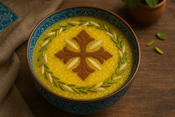 تزیین شله زرد با طرح گل و حاشیه پسته و بادام