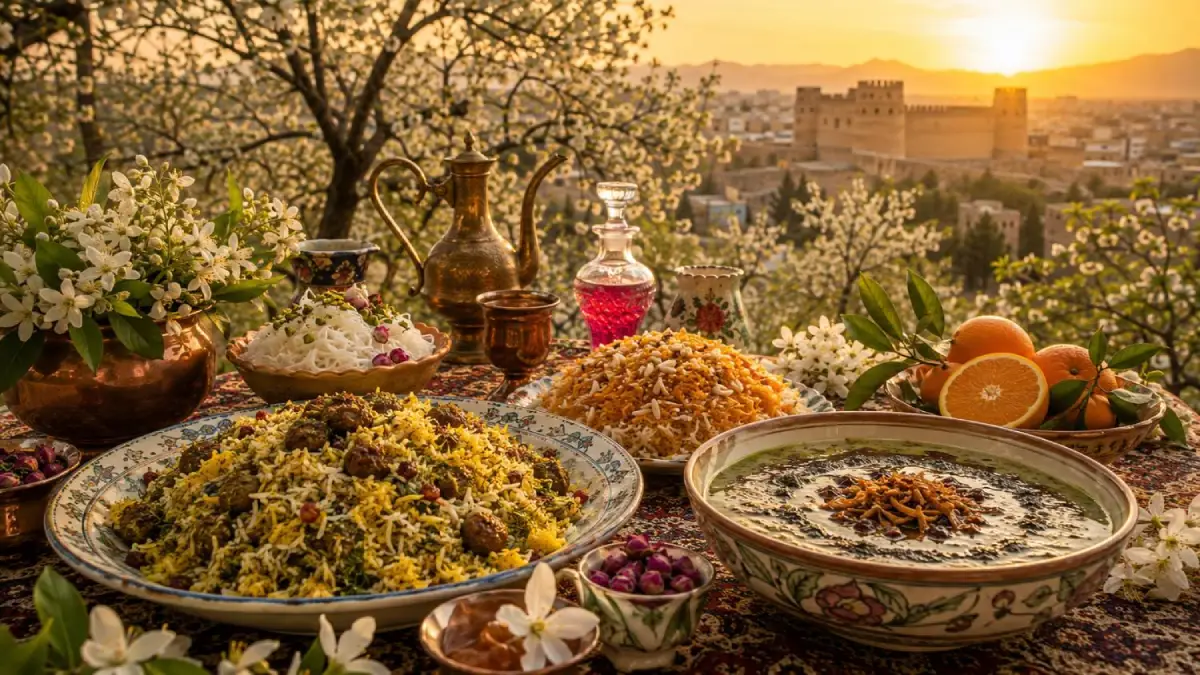 تعدادی از غذاهای معروف شیرازی در پس زمینه شهر شیراز