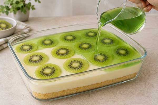 افزودن برش‌های کیوی و ژله روی پودینگ در تهیه کیک پودینگ