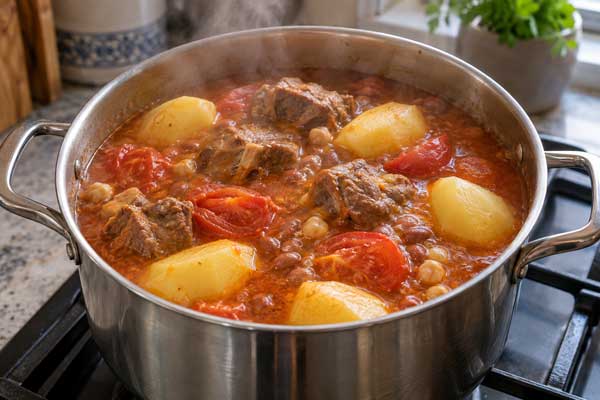 افزودن گوجه و سیب‌ زمینی‌های قاچ‌شده به آبگوشت یخنی نخود