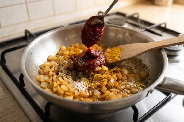 افزودن رب گوجه فرنگی و ادویه‌ها به پیازداغ برای تهیه دو پیازه آلو