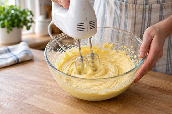 مخلوط کردن کره، شکر و تخم‌مر‌غ‌ها برای تهیه خیمر تارت میوه با خامه ترش