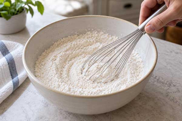مخلوط کردن آرد، نمک و جوش شیرین برای تهیه کوکی آلبالو