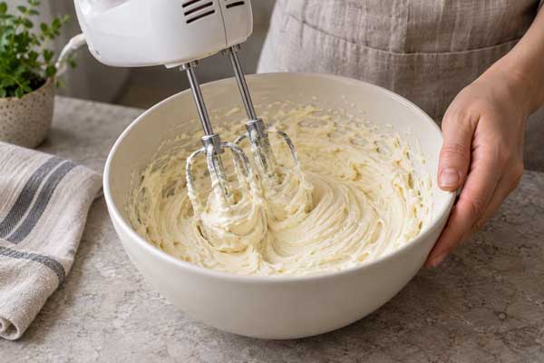 مخلوط کردن کره مارگارین و پودر قند برای تهیه شیرینی نخودچی