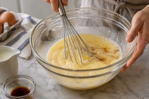 مخلوط کردن شیر، تخم مرغ و وانیل در تهیه پوند کیک