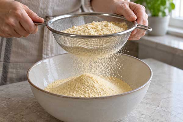 الک کردن آرد نخودچی و آرد برنج برای شیرینی نخودچی با کره مارگارین