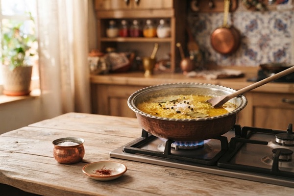 افزودن ادویه و آب برای تهیه پلو زردچوبه