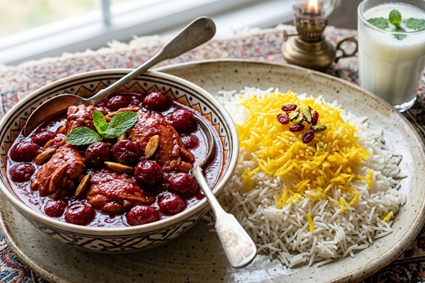  خورشت آلبالو در کنار پلو