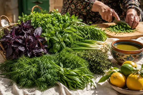 زنی در حال خرد کردن سبزی های معطر شیرازی برای استفاده در غذا