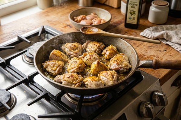 سرخ کردن مرغ برای تهیه خورشت گلابی