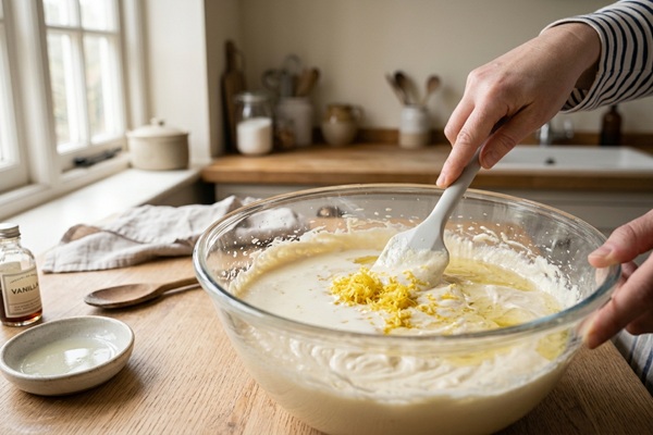 افزودن شیر، روغن و لیمو برای تهیه کیک