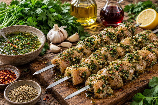 مرینت جوجه کباب با سس چیمیچوری