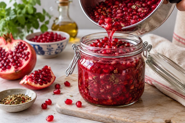 ریختن ترشی انار داخل شیشه و آماده شدن برای سرو
