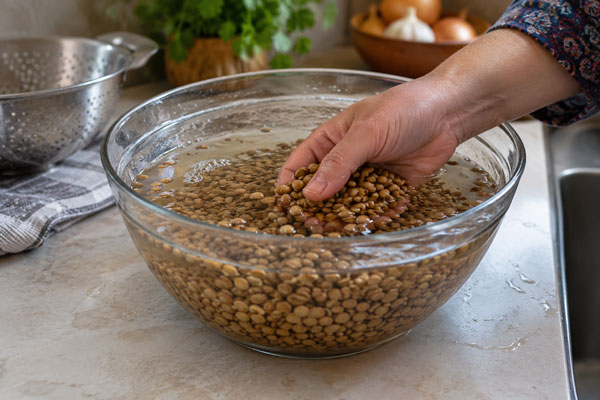 خیساندن عدس برای تهیه عدسی لعابدرا