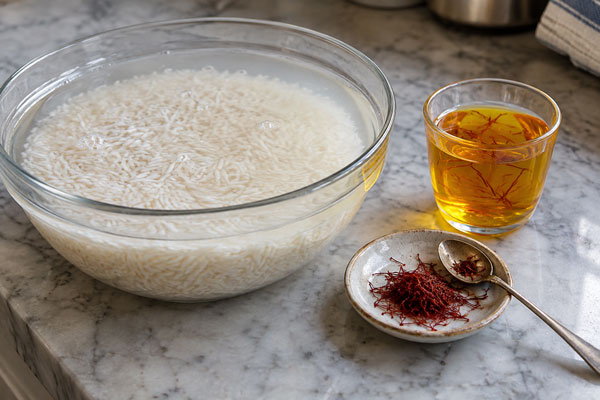 خیساندن برنج و دم کردن زعفران برای تهیه هفت رنگ پلو