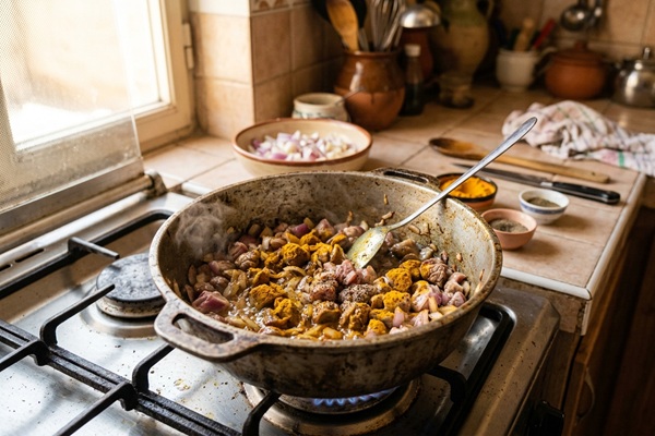 تفت پیاز و گوشت برای تهیه خورشت ریحان 